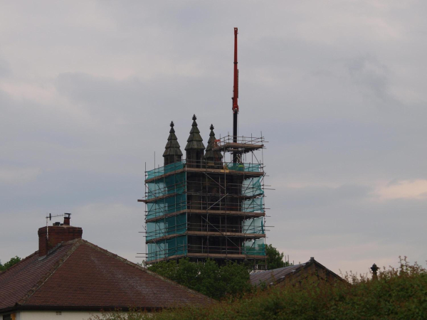 St Andrew's Church crane in place for the lift of the new pinnacle - 27-May 2014 
06-Religion-01-Church Buildings-002-Church of England  -  St. Andrew, Bolton Street, Ramsbottom
Keywords: 2014