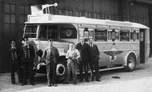 Bus at Stubbins Lane depot, painted in RAF blue, to raise money for the war effort during War Wings Week 1941, 3rd and 4th from right Ebenezer Nightingale and John Bradley
16-Transport-02-Trams and Buses-000-General
Keywords: 1945