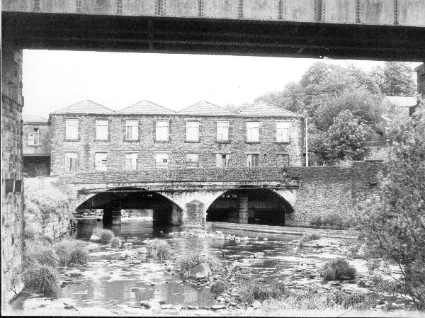 1970s. Joshua Hoyle Mill, Summerseat. Canteen block. ..taken from under the railway viaduct 
17-Buildings and the Urban Environment-05-Street Scenes-028-Summerseat Area
Keywords: 1985