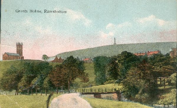Grants Holme Ramsbottom.  Posted Ram 3/12/1907 Taken from position roughly of Holme Kill, looking W. Irwell in foreground, St. Andrews to S, Peel Tower to W. digitised
08- History-01-Monuments-002-Peel Tower
Keywords: 1985