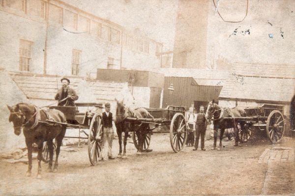 Workmen with horse drawn carts, Hazelhurst Engraving Works Taken in Works yard, [date ? early c20].Whittakers carts Now digitized 
to be catalogued
Keywords: 1985