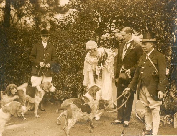 Bride Connie Cornall & Groom 1920s. Prob taken Bolholt House or Lake Hill, Walshaw. Brides father - Master of Holcombe Hunt 1925-27, Sec.1919-24. Sam Jackson and hounds present. 
to be catalogued
Keywords: 1985