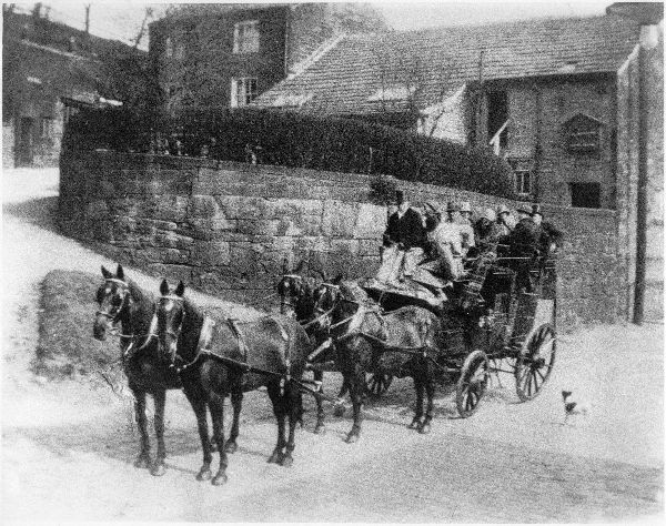 Coach and four outside Higher House Holcombe 1930s Coachman A. Dunlevy driving gentry to Harwood races 
to be catalogued
Keywords: 1985