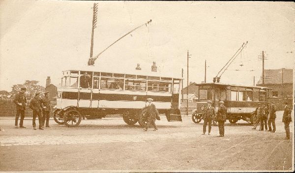 2 photos of 2 trolley buses pre 1922 at Holcombe Brook Rear one earlier 1,2 0r 3. Front one later , possibly 7 Now digitized AR-p55a & b 
16-Transport-02-Trams and Buses-000-General
Keywords: 0