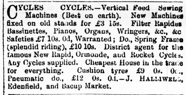 Cycle Advert from Ramsbottom Observer Friday 18th September 1891
16-Transport-04-General-000-General
Keywords: 1891