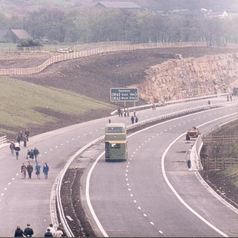 Pedestrians and mounted police on M66 prior to opening. Official opening of M66 to Rawtenstall