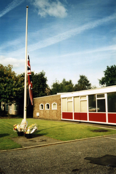 Flowers at the Fire Station after death of Paul Metcalf 
17-Buildings and the Urban Environment-05-Street Scenes-027-Stubbins Lane and Stubbins area

Keywords: 1999