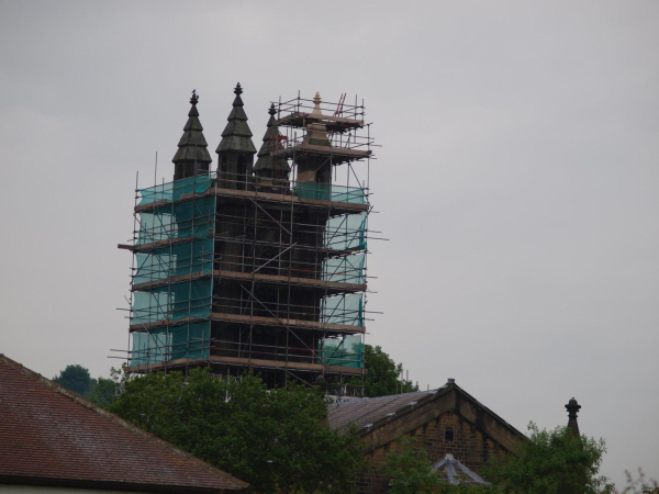 St Andrew's Church with scaffolding around the new pinnacle - 30-May 2014 
06-Religion-01-Church Buildings-002-Church of England  -  St. Andrew, Bolton Street, Ramsbottom
Keywords: 2014
