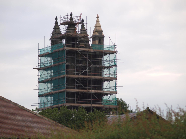 St Andrew's Church with new pinnacle in place and other work being under taken on the other pinnacles - 13-June 2014 
06-Religion-01-Church Buildings-002-Church of England  -  St. Andrew, Bolton Street, Ramsbottom
Keywords: 2014