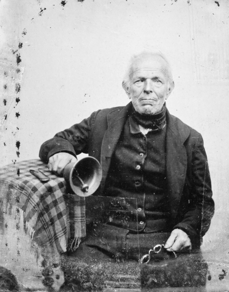 James Bassett, Ramsbottom's last bellman and town crier. Reputedly one of the first pauper apprentices carted up from the city workhouses to work in the Ashton's Ramsbottom Mill 
09-People and Family-02-People-000-General
Keywords: 1945