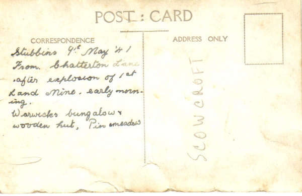 "Stubbins early morning 9th May 1941, taken from Chattertom Lane after explosion of first landmine. Warwicks bungalow & wooden hut, (?) Pin meadow  (Scowcroft)" - bACK OF rhsdc21-misc-gen-004
17-Buildings and the Urban Environment-05-Street Scenes-027-Stubbins Lane and Stubbins area
Keywords: 1945