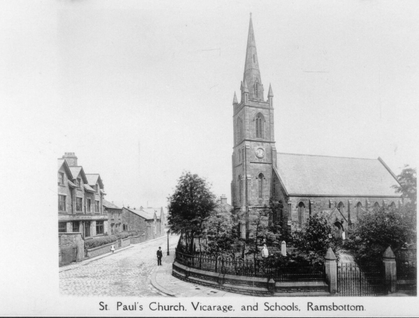 About 1900. St Pauls Church & Crow Lane Also 25) x 3) size in cupboard CHECK  - this may be on the Crow Lane page of the web-site but this is in 2 sections
06 - Religion - 01 - Church Buildings
Keywords: Bury-Archive