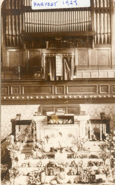 Wesleyan Chapel Pulpit [1927] decorated for Harvest Festival (This pulpit was removed in 1972] 
06 - Religion - 01 - Church Buildings
Keywords: Bury-Archive