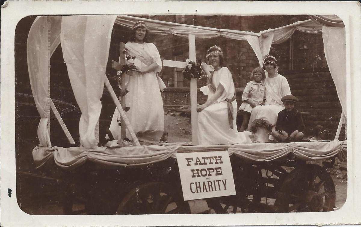 Wesleyan Church floats- probably at either Whit Week or Rose Queen procession  
#N/A
Keywords: Bury-Archive
