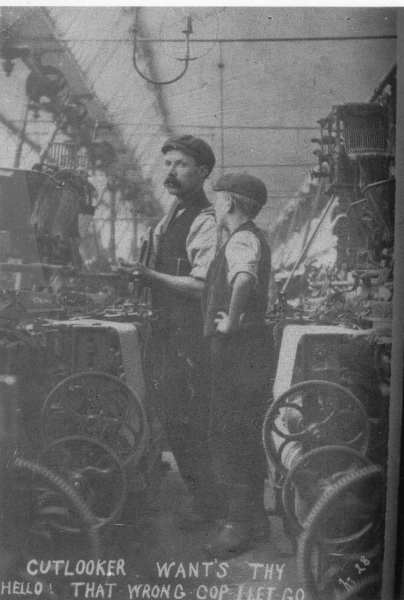 Scene in a weaving shed - see card for story 
08 - History - 03 - Working Life
Keywords: Bury-Archive