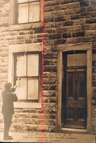n.d P/c The Knocker Up 5.30 am... ..How the Lancashire Mill worker is roused from his slumbers In house window J.M. Pearson Knocking Up 
08 - History - 03 - Working Life
Keywords: Bury-Archive