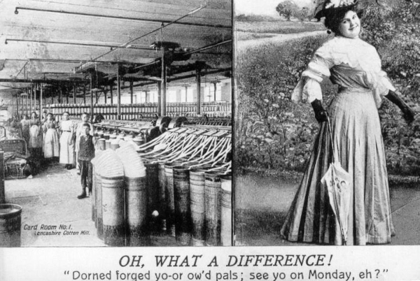 2 ill.l-Lancs Card Rm Cotton mill.2 Lady worker in Sun.best (? Sundy best)OH, WHAT A DIFFERENCE! Domed forged yo-or ow1 d pals; see yo on Monday 
08 - History - 03 - Working Life
Keywords: Bury-Archive