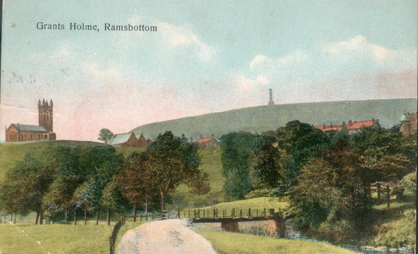 Grants Holme Ramsbottom.  Posted Ram 3/12/1907 Taken from position roughly of Holme Kill, looking W. Irwell in foreground, St. Andrews to S, Peel Tower to W. digitised
14 - Leisure - 01 - Parks and Gardens
Keywords: Bury-Archive
