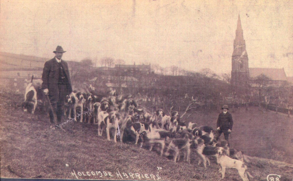 c 1900. Holcombe Harriers.  Sam Jackson & son William... ..with hounds on Moor, W. of village, which is in view. 
14 - Leisure - 02 - Sport and Games
Keywords: Bury-Archive