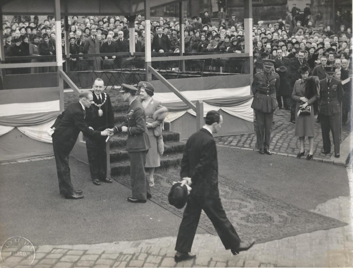 King George and Queen Elizabeth's visit to Ramsbottom 8th March 1945.  Scenes in the Market place - from an album of Mr. G. Holt, Chair of the Council. 
15 - War - 02 - World War 2
Keywords: Bury-Archive