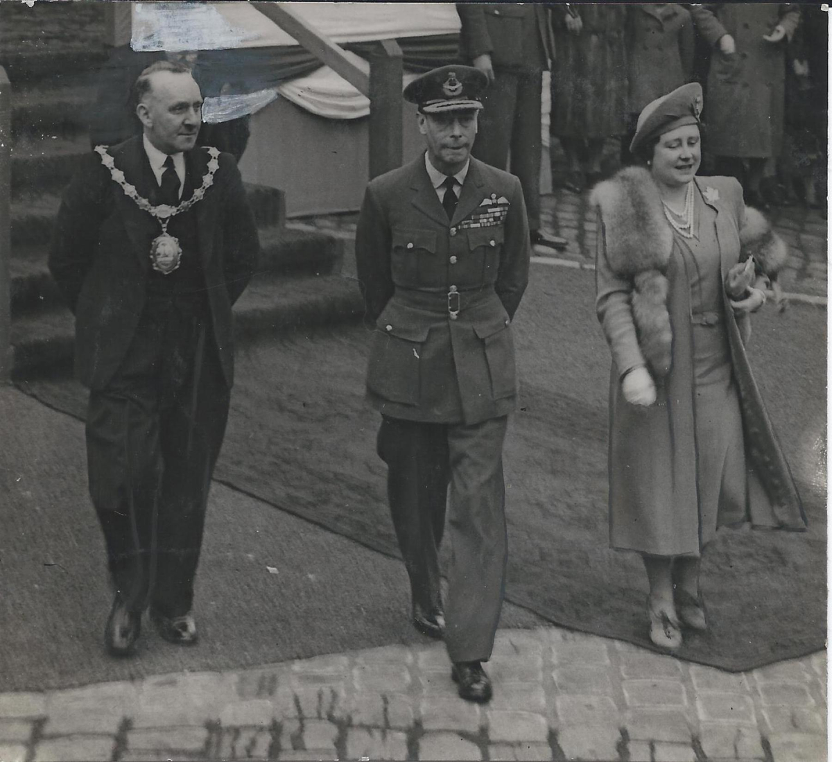 King George and Queen Elizabeth's visit to Ramsbottom 8th March 1945.  Scenes in the Market place - from an album of Mr. G. Holt, Chair of the Council. 
15 - War - 02 - World War 2
Keywords: Bury-Archive