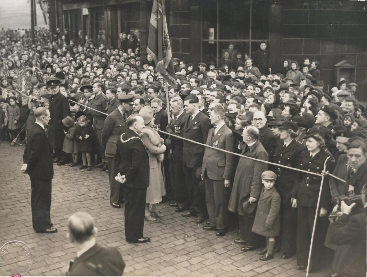 King George and Queen Elizabeth's visit to Ramsbottom 8th March 1945.  Scenes in the Market place - from an album of Mr. G. Holt, Chair of the Council. 
15 - War - 02 - World War 2
Keywords: Bury-Archive