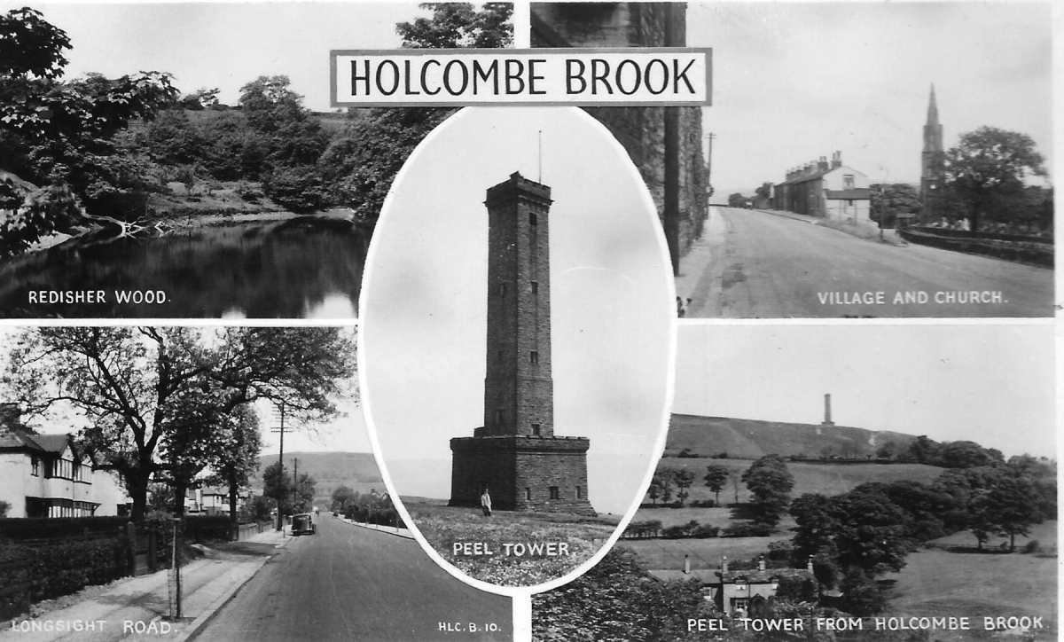 Postcard of Holcombe Brook - Reddisher Wood/Holcombe Village and Church/Longsight Rd/Peel Tower 
17 - Buildings and the Urban Environment - 05 - Street Scenes
Keywords: Bury-Archive