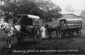 Horse drawn carts delivering goods to Ramsbottom station Carts of Cottrills Royal Cambridge sausages & Pies 
animal
Keywords: 1945
