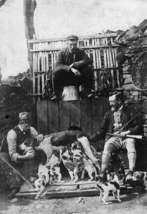 late 1800s  Holcombe Hunt kennels John Jackson (Huntsman betw 1867-1899) with hunting horn, with son Sam, Grandson William. hounds and tackle. Hunt dates back to 1617. Kennels moved to Brandleshome c. 1930s 
animal
Keywords: 1945