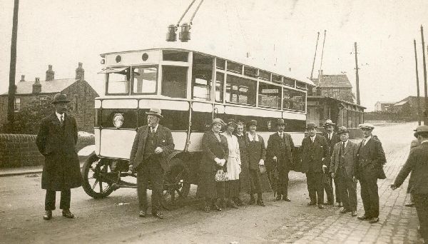 2 photos of 2 trolley buses pre 1922 at Holcombe Brook Rear one earlier 1,2 0r 3. Front one later , possibly 7 Now digitized AR-p55a & b 
16-Transport-02-Trams and Buses-000-General
Keywords: 0