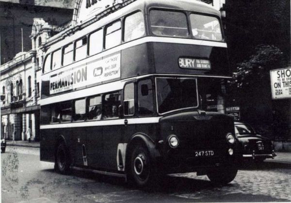 Fleet No: 1- Registration No: 247 STD - Chassis: Leyland PD2/24 - Chassis No: 591692 - Body:East Lancs. - Seating: H35/28R - Introduced:  H35/28R - Withdrawn: 1961 - Location: Outside Art Cinema, Knowsley Street, Bury - Comments: Withdrawn 1974 Other Info
16-Transport-02-Trams and Buses-000-General
Keywords: 0
