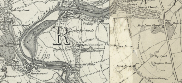 Bird Hall on the 1844-47 OS map published in 1850. The places mentioned in the article span 3 Lancashire maps, 79,80,88 taken from www.nls.uk
17-Buildings and the Urban Environment-05-Street Scenes-028-Summerseat Area
Keywords: 1847