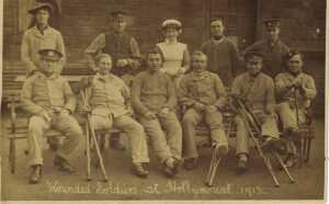 Wounded Soldiers at Hollymount 1915. Pte Peter Sword, Black Watch, Pte Prescott. Pte F C Williams,?  Royal Tees 
to be catalogued
Keywords: 1945