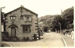 The School House, Dundee Lane, Ramsbottom. Taken September 1974. Endorsed â€˜9/74â€™, Holcombe Church spire 
17-Buildings and the Urban Environment-05-Street Scenes-010-Dundee Lane
Keywords: 1974